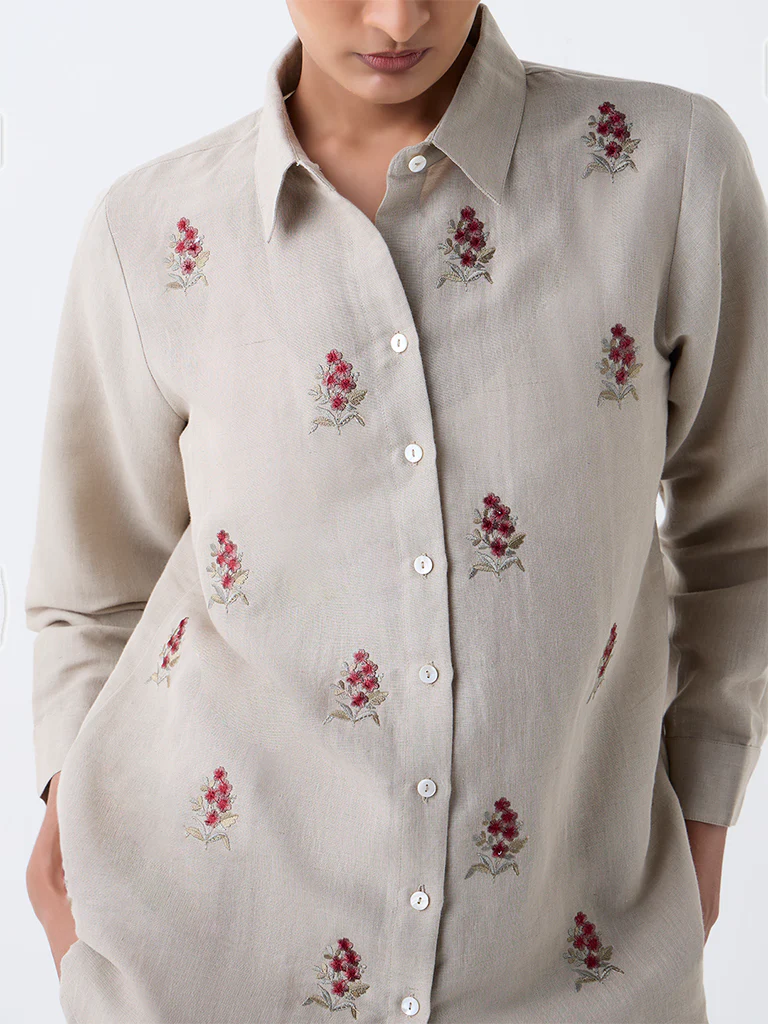 Zuba Taupe Floral Embroidered Linen-Blend Tunic - Image 3