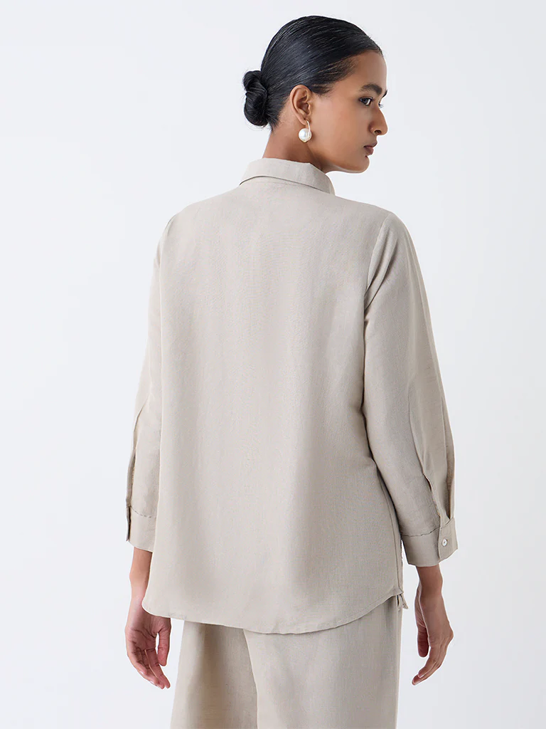 Zuba Taupe Floral Embroidered Linen-Blend Tunic - Image 4