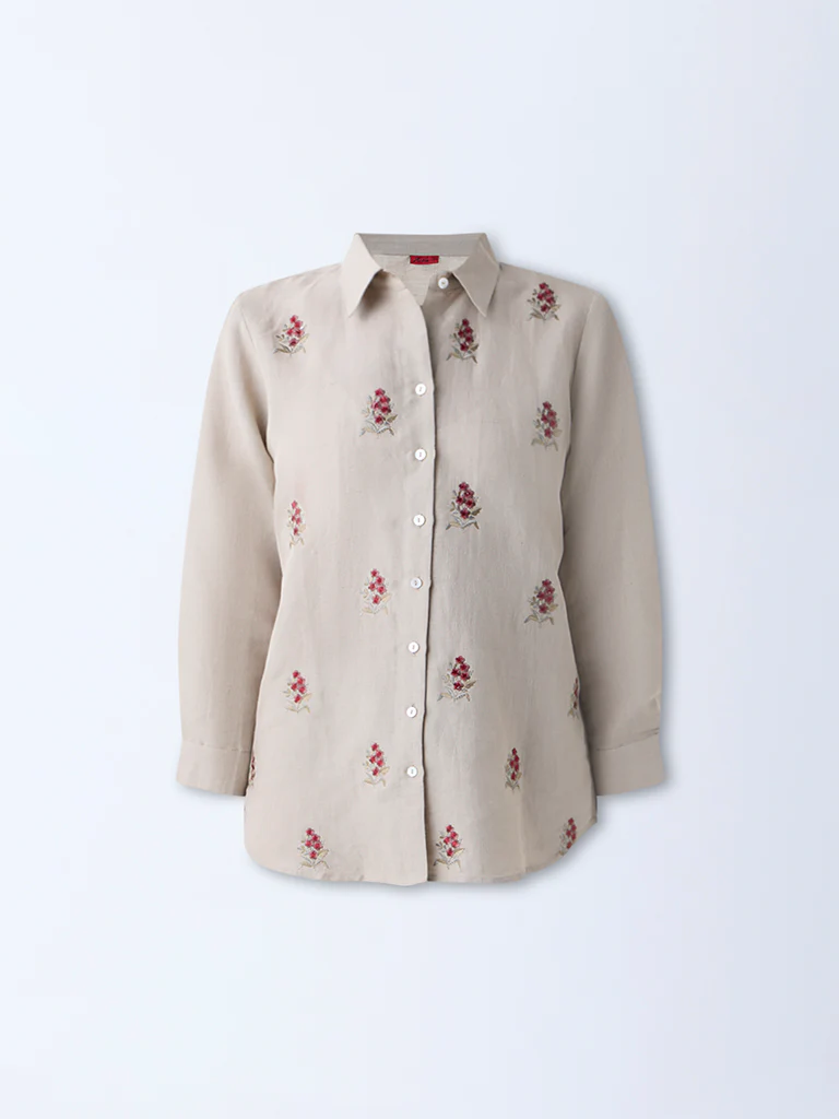 Zuba Taupe Floral Embroidered Linen-Blend Tunic - Image 5