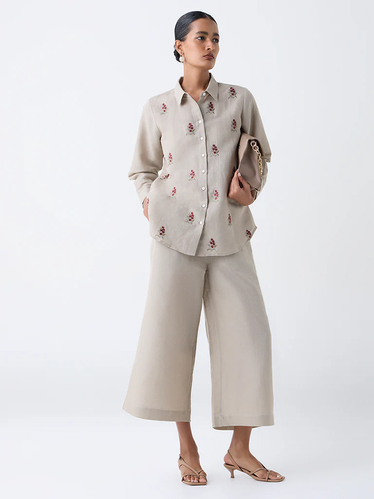 Zuba Taupe Solid Linen-Blend Ethnic Pants - Image 2