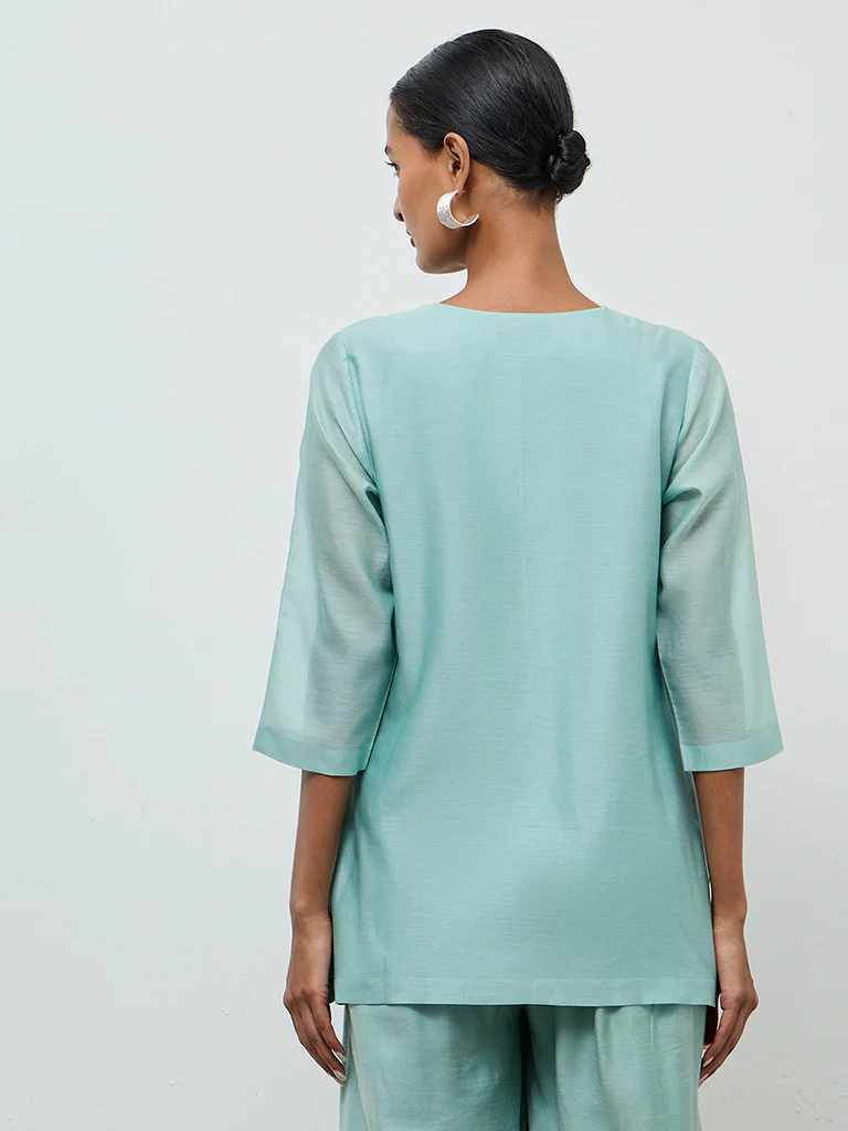 Zuba Turquoise Embroidered Cotton-Blend Tunic - Image 4