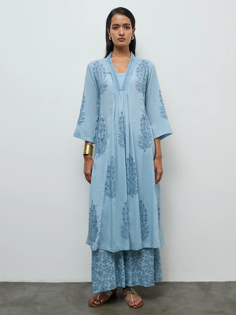 Zuba Wardrobe Blue Floral Printed A-Line Kurta