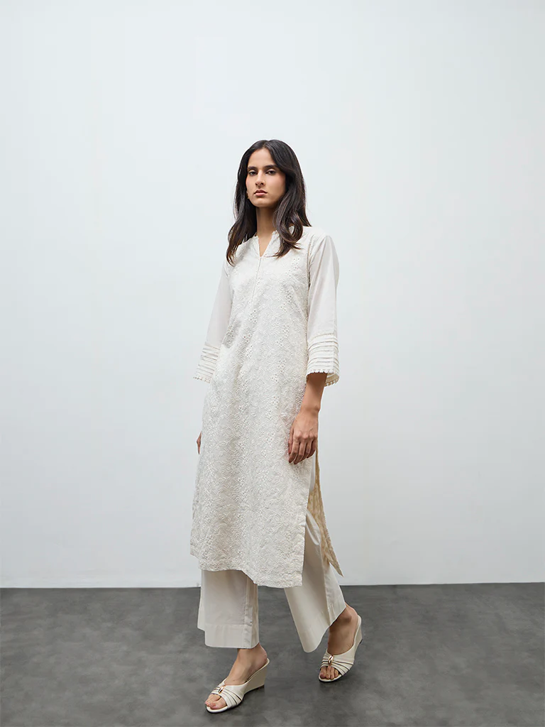 Zuba White Floral Embroidered A-Line Cotton Kurta - Image 2