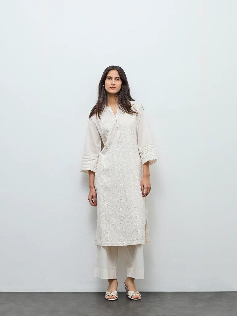 Zuba White Floral Embroidered A-Line Cotton Kurta - Image 3