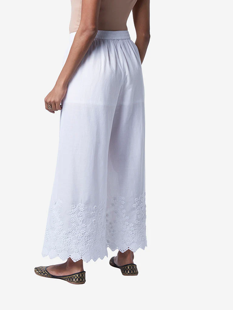 Zuba White Floral Embroidered Cotton Palazzos - Image 4