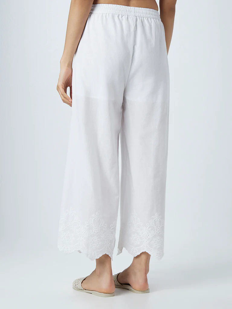Zuba White Solid Cotton Palazzos - Image 3