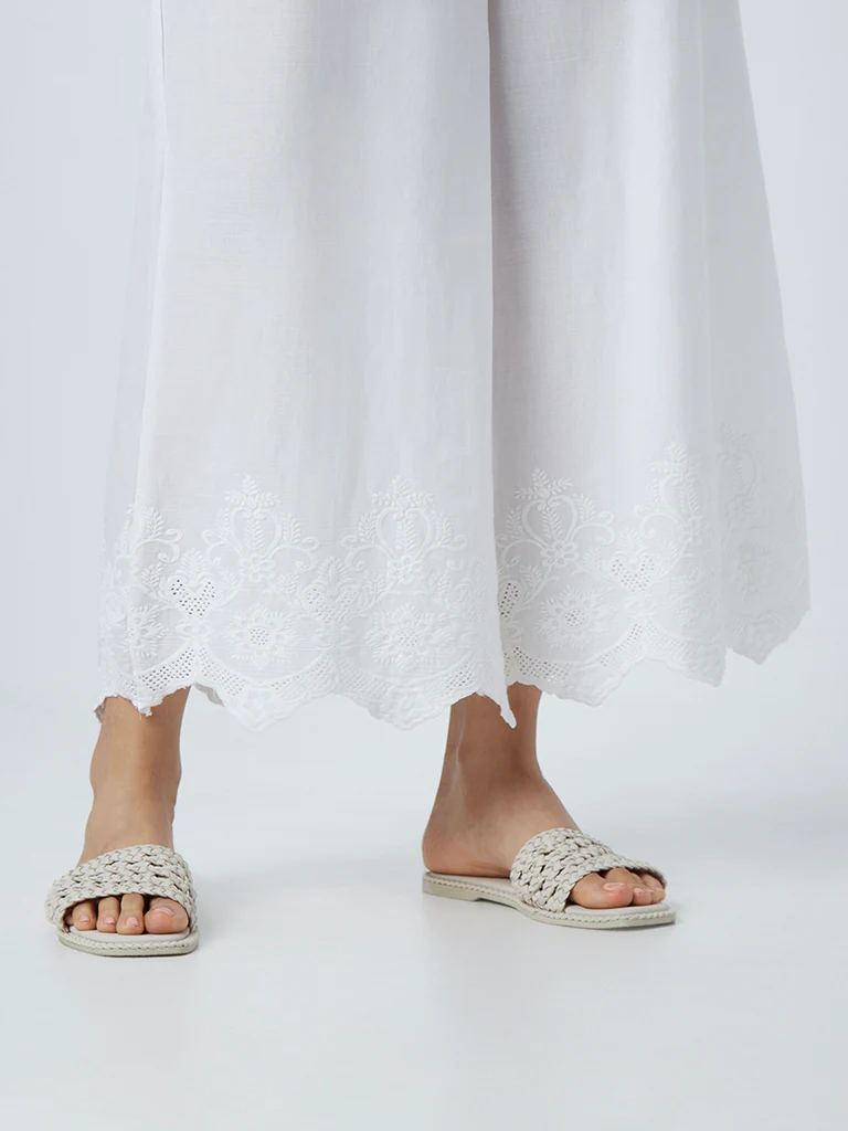Zuba White Solid Cotton Palazzos - Image 5