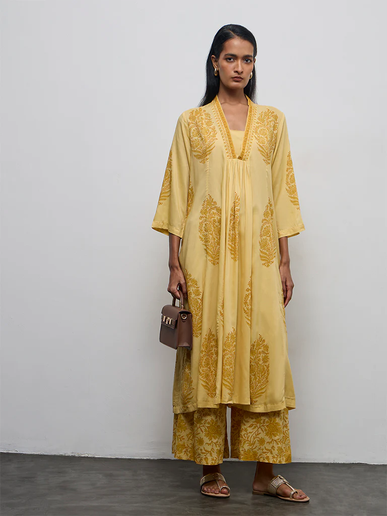 Zuba Yellow Floral Printed A-Line Kurta