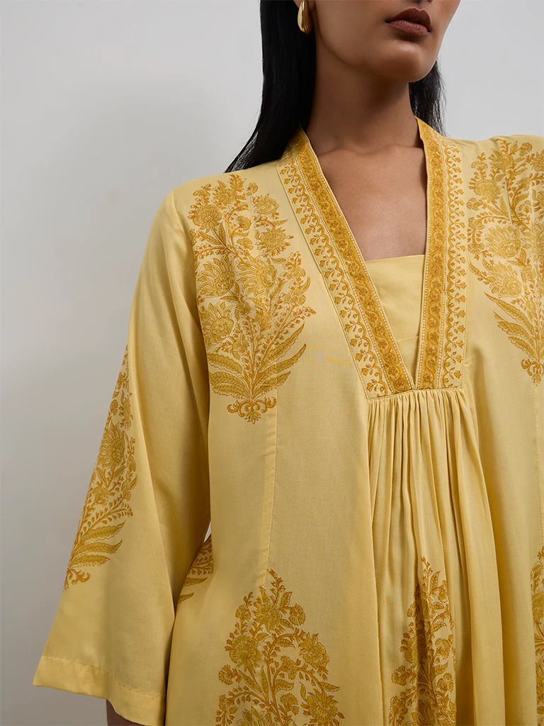 Zuba Yellow Floral Printed A-Line Kurta - Image 3