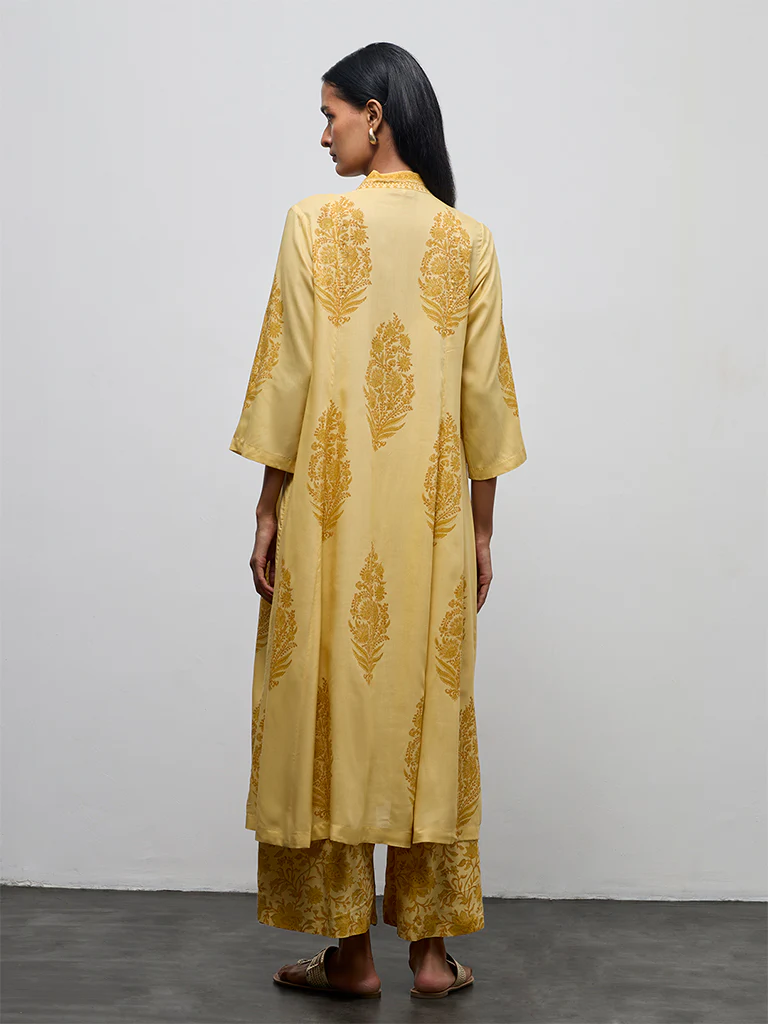 Zuba Yellow Floral Printed A-Line Kurta - Image 4
