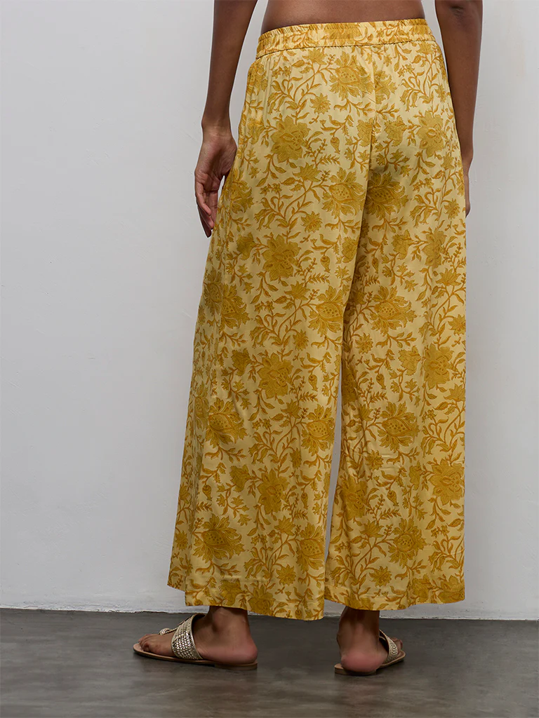 Zuba Yellow Floral Printed Palazzos - Image 4